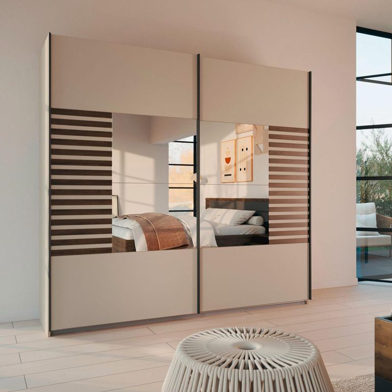 Rauch Barea 226cm 2 Door Mirror Sliding Wardrobe - Champagne and Atlantic Dark Oak