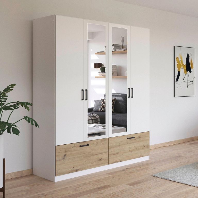 Rauch Bari 181cm 4 Door Combi Wardrobe with Drawers - Alpine White and Artisan Oak