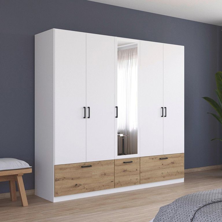 Bari Wardrobe - 226cm - 5 Door - Combi - 3 Drawer - Alpine White & Artisan Oak