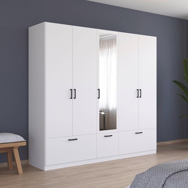 Bari Wardrobe - 226cm - 5 Door - Combi - 3 Drawer - Alpine White