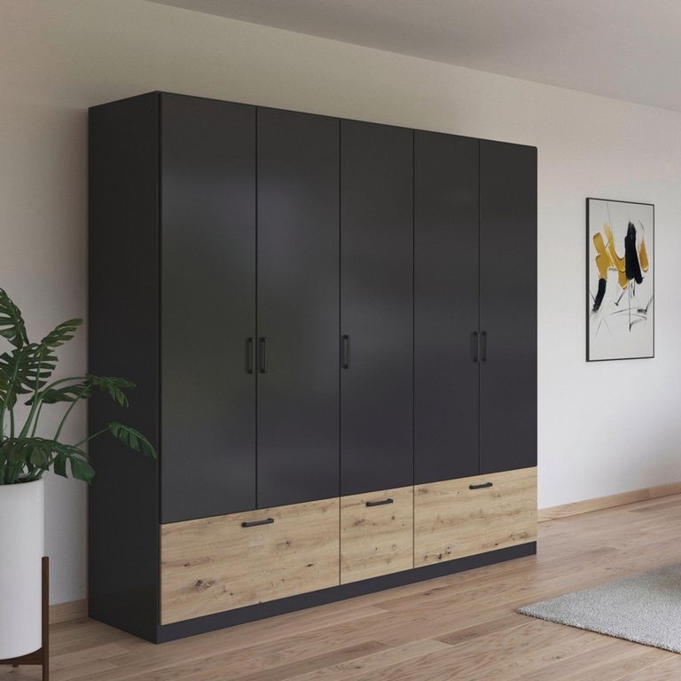 Rauch Bari 226cm 5 Door Wardrobe with Drawers - Metallic Grey and Artisan Oak