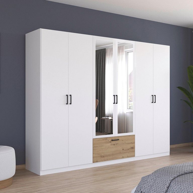 Rauch Bari 271cm 6 Door Combi Wardrobe - Alpine White and Artisan Oak