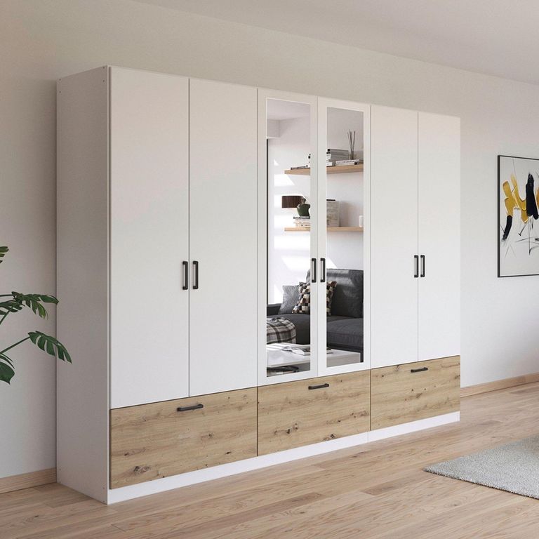 Bari Wardrobe - 271cm - 6 Door - Combi - 3 Drawer - Alpine White & Artisan Oak