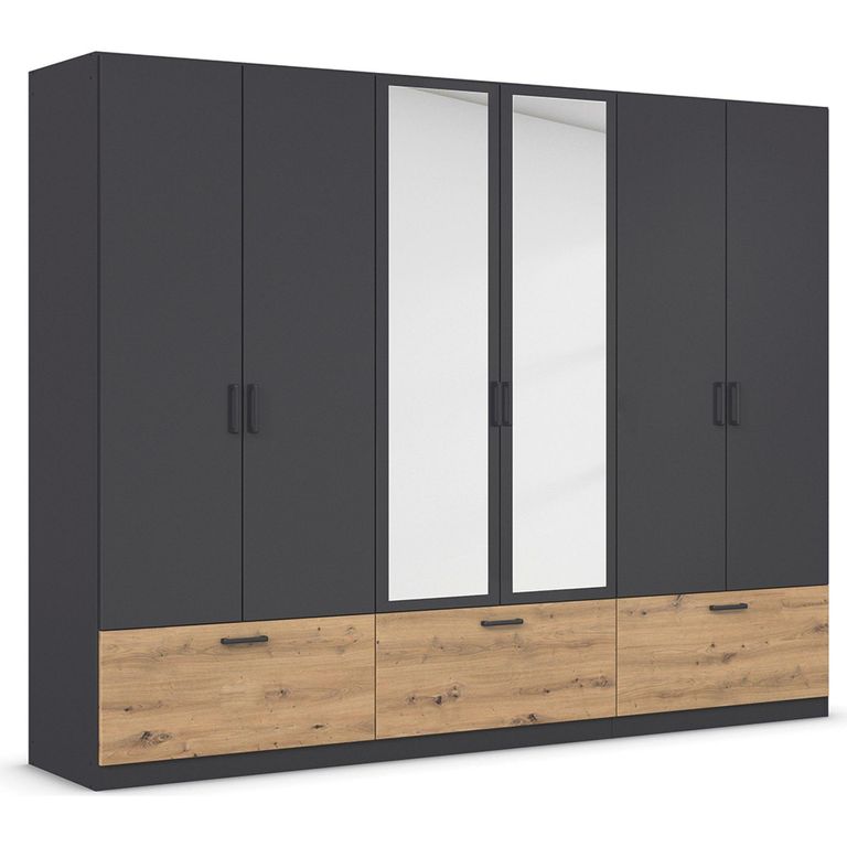 Bari Wardrobe - 271cm - 6 Door - Combi - 3 Drawer - Metallic Grey & Artisan Oak