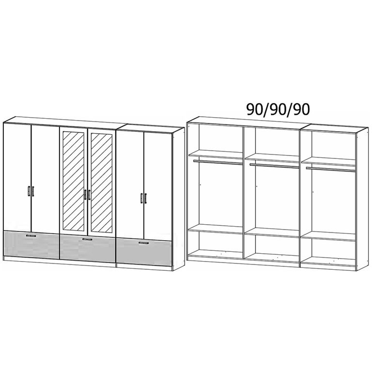 Bari Wardrobe - 271cm - 6 Door - Combi - 3 Drawer - Metallic Grey & Artisan Oak