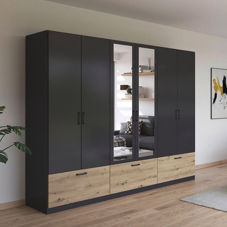 Bari Wardrobe - 271cm - 6 Door - Combi - 3 Drawer - Metallic Grey & Artisan Oak
