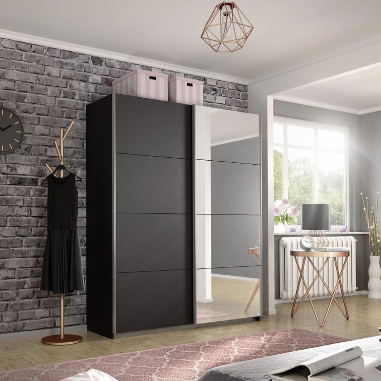 Rauch Belluno 136cm 2 Door Sliding Wardrobe with Mirror - Metallic Dark Grey