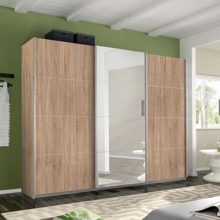 Rauch Belluno 271cm 3 Door Sliding Wardrobe with Mirror - Sonoma Oak