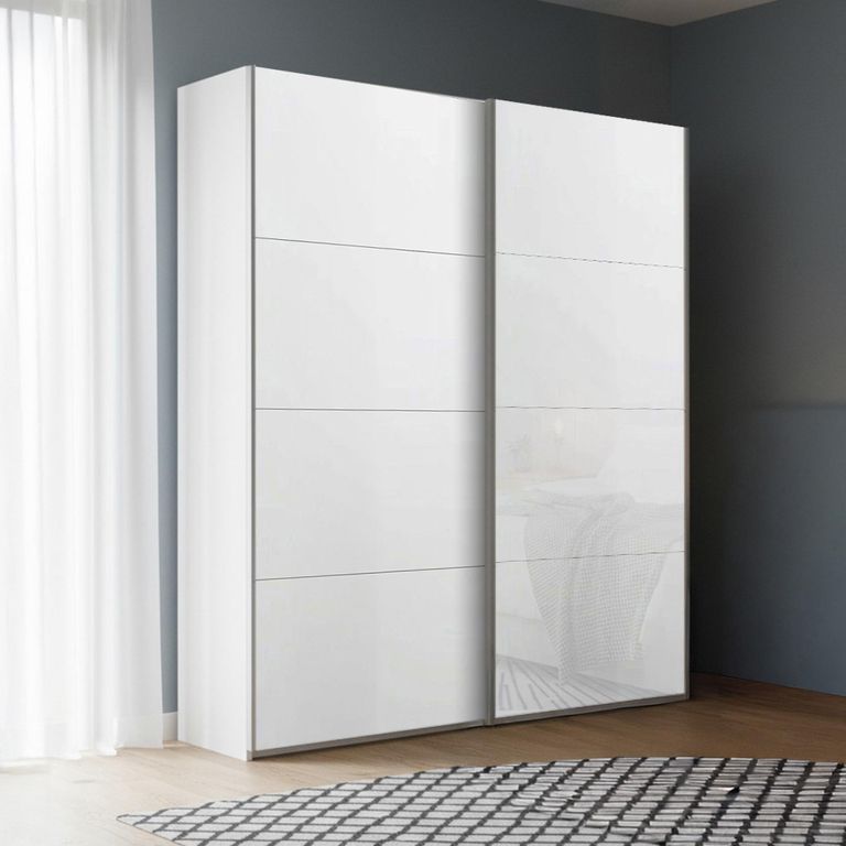 Beluga Extra Sliding Wardrobe - 137cm - 2 Door - Alpine White & White Glass Front