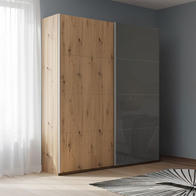 Beluga Extra Sliding Wardrobe - 137cm - 2 Door - Artisan Oak & Basalt Glass Front