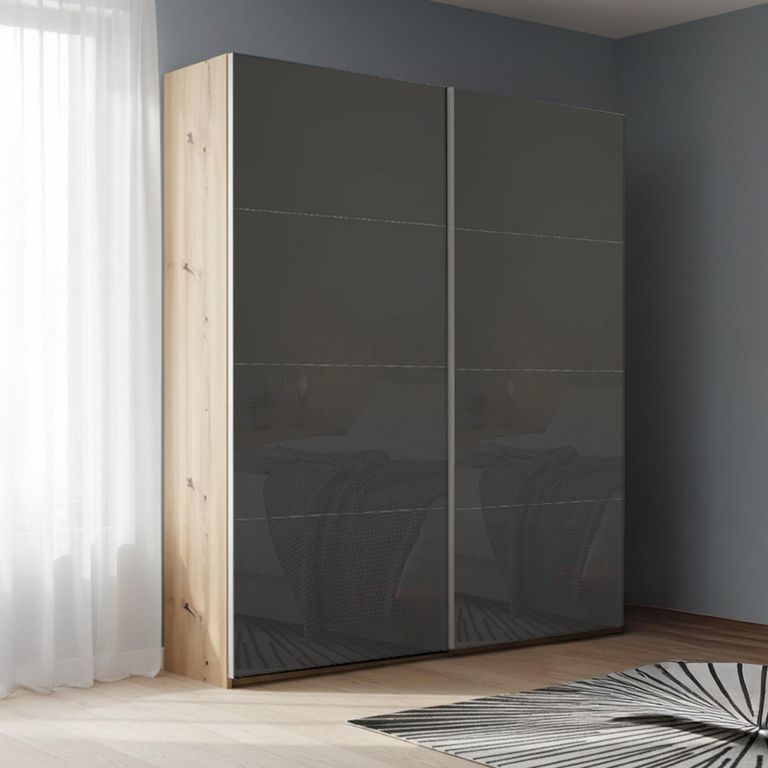 Rauch Beluga Extra 137cm 2 Door Sliding Wardrobe - Artisan Oak and Basalt Glass