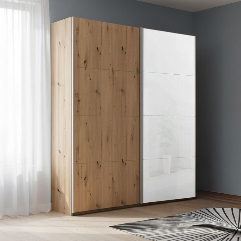 Beluga Extra Sliding Wardrobe - 137cm - 2 Door - White High Gloss & Artisan Oak Front