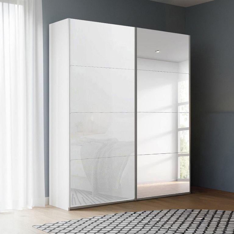 Beluga Extra Sliding Wardrobe - 137cm - 2 Door - Mirror - Alpine White & White Glass