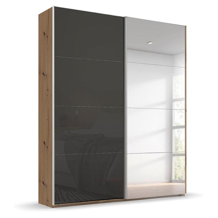 Beluga Extra Sliding Wardrobe - 137cm - 2 Door - Mirror - Artisan Oak & Basalt Glass