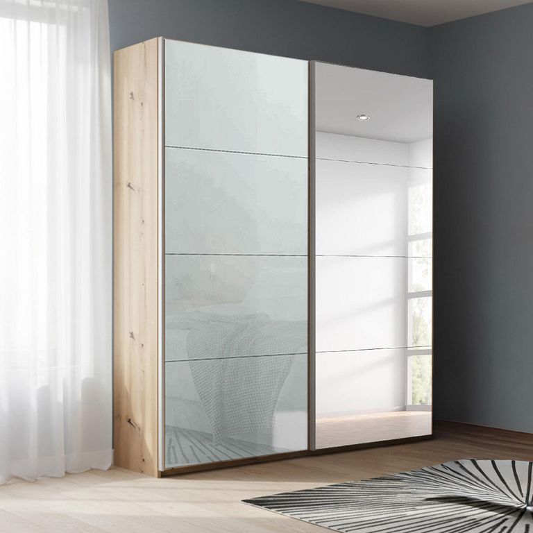Beluga Extra Sliding Wardrobe - 137cm - 2 Door - Mirror - Artisan Oak & Silk Grey Glass
