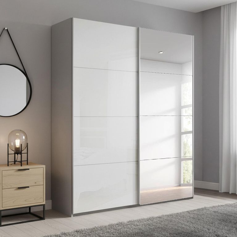 Beluga Extra Sliding Wardrobe - 137cm - 2 Door - Mirror - Silk Grey & White High Gloss