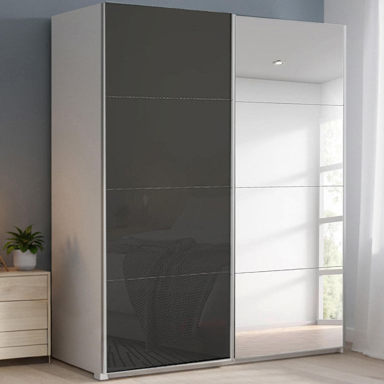 Beluga Extra Sliding Wardrobe - 181cm - 2 Door - Mirror - Alpine White & Basalt Glass