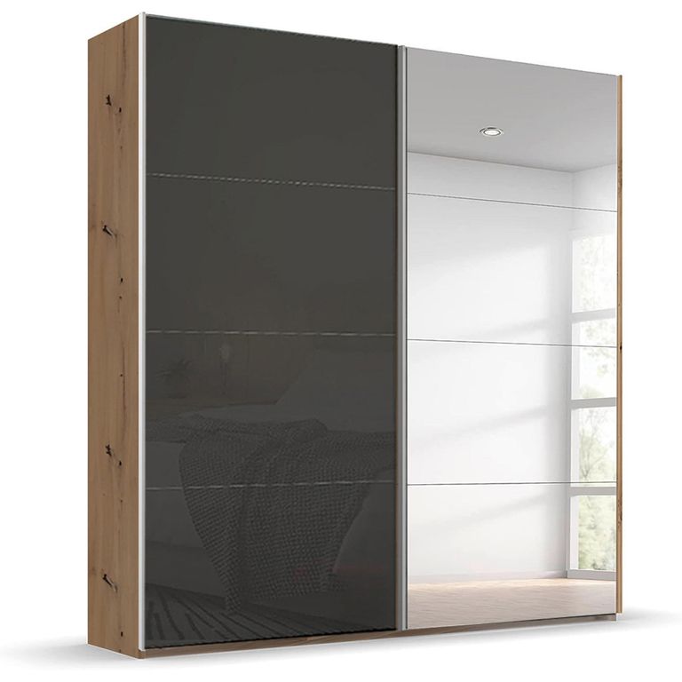 Beluga Extra Sliding Wardrobe - 181cm - 2 Door - Mirror - Artisan Oak & Basalt Glass