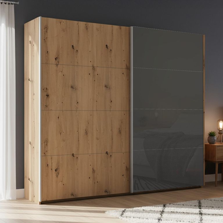 Beluga Extra Sliding Wardrobe - 226cm - 2 Door - Artisan Oak & Basalt Glass Front