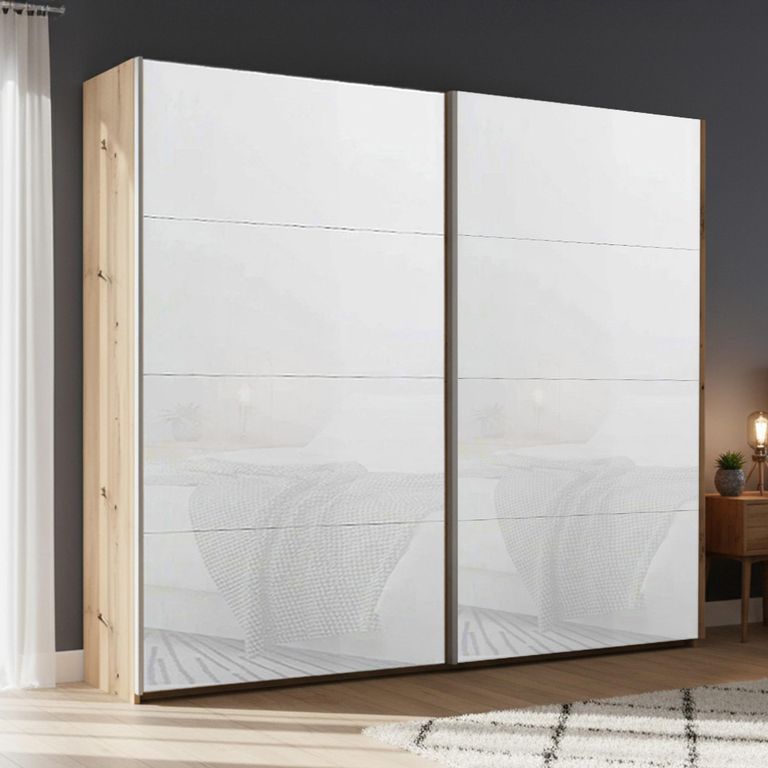 Rauch Beluga Extra 226cm 2 Door Sliding Wardrobe - Artisan Oak and White Glass