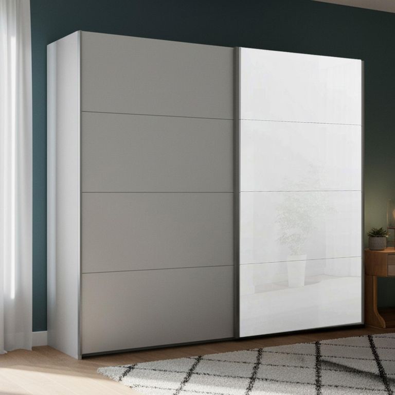 Beluga Extra Sliding Wardrobe - 226cm - 2 Door - White High Gloss & Silk Grey Front