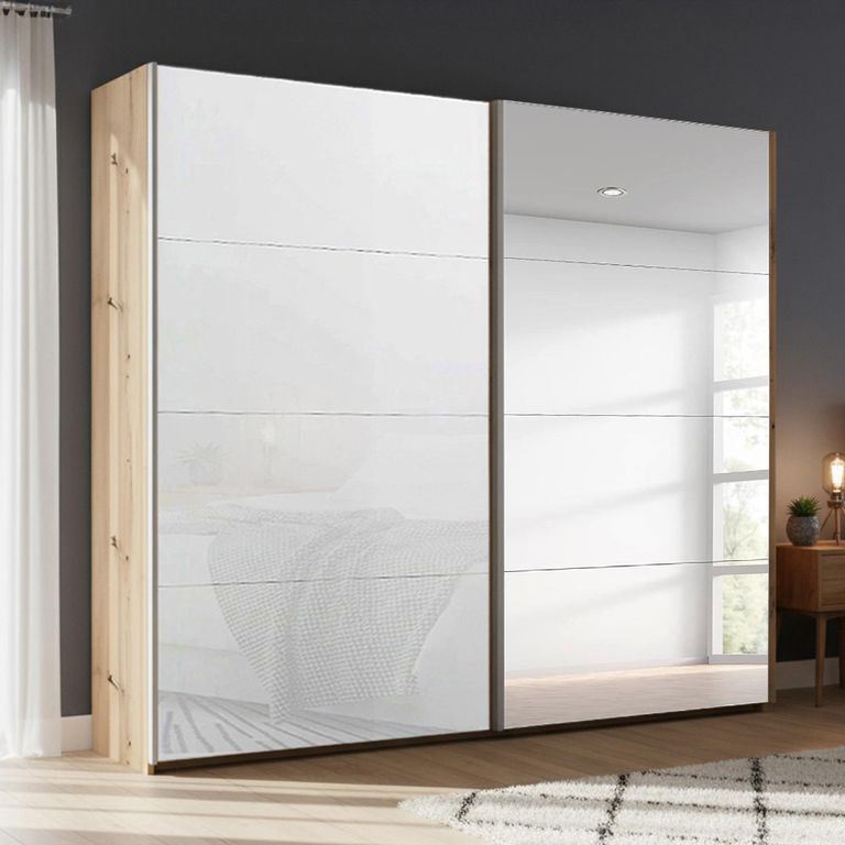 Beluga Extra Sliding Wardrobe - 226cm - 2 Door - Mirror - Artisan Oak & White Glass