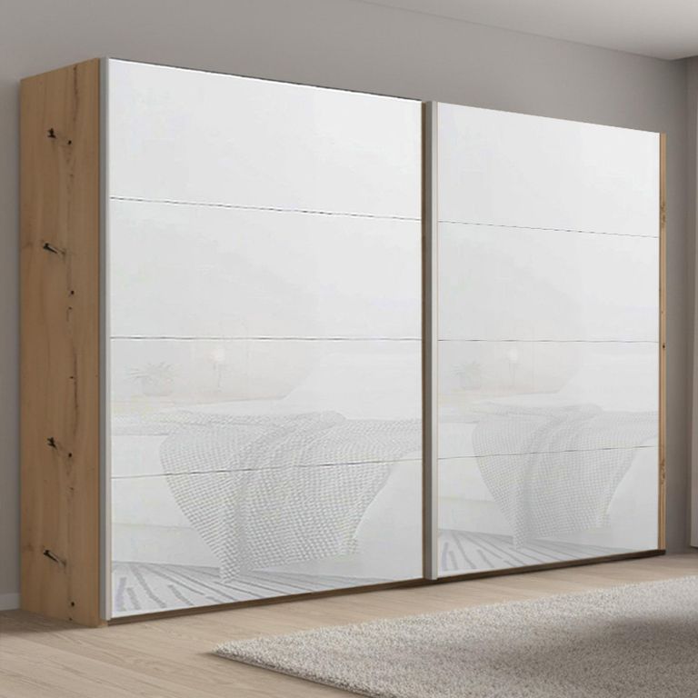Rauch Beluga Extra 271cm 2 Door Sliding Wardrobe - Artisan Oak and White Glass