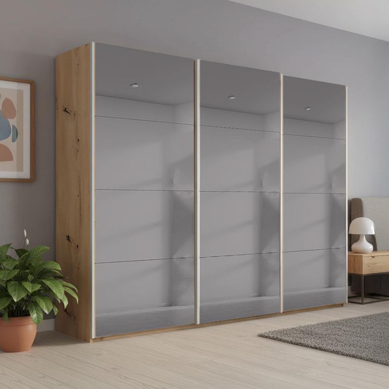 Beluga Extra Sliding Wardrobe - 271cm - 3 Door - Grey Mirrored - Artisan Oak