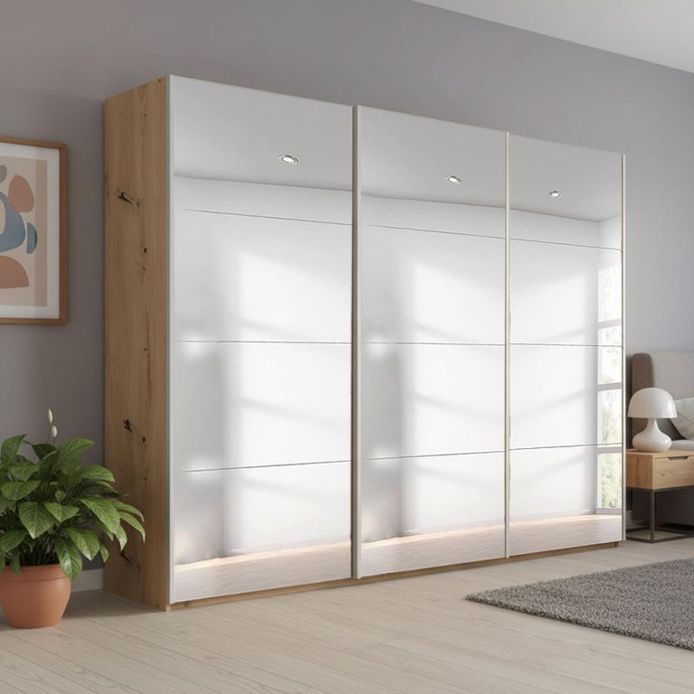 Beluga Extra Sliding Wardrobe - 271cm - 3 Door - Mirrored - Artisan Oak