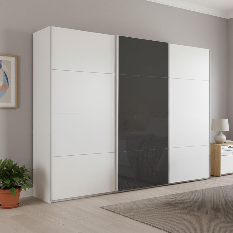 Beluga Extra Sliding Wardrobe - 271cm - 3 Door - Alpine White & Basalt Glass Front