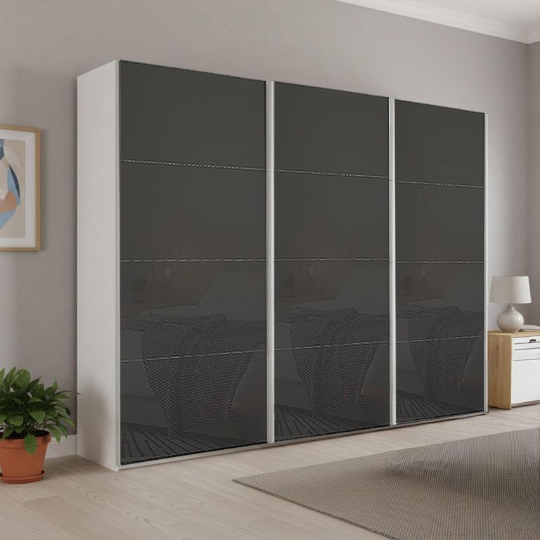 Beluga Extra Sliding Wardrobe - 271cm - 3 Door - Alpine White & Basalt Glass