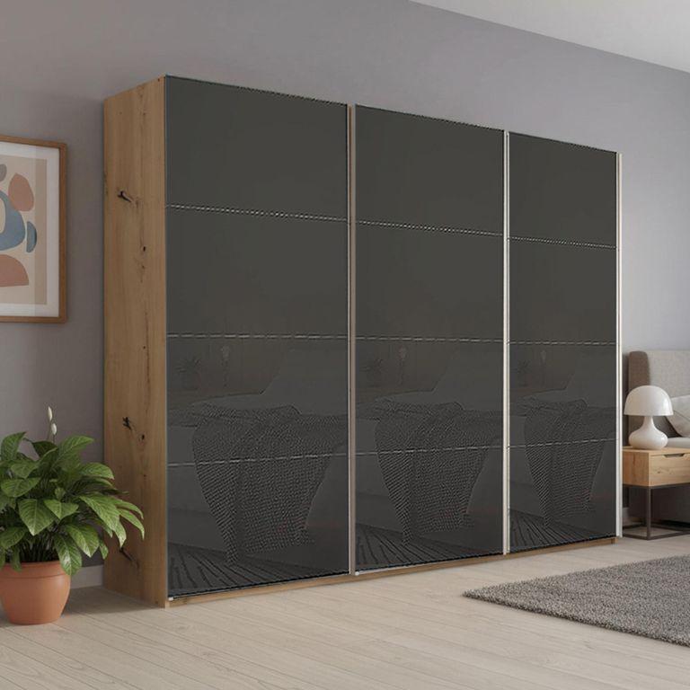 Beluga Extra Sliding Wardrobe - 271cm - 3 Door - Artisan Oak & Basalt Glass