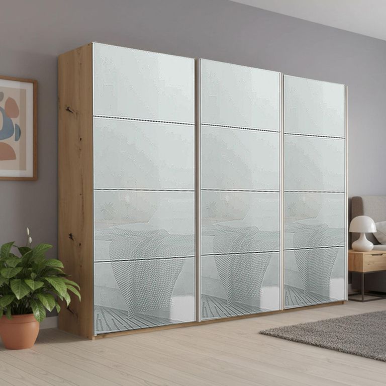Beluga Extra Sliding Wardrobe - 271cm - 3 Door - Artisan Oak & Silk Grey Glass