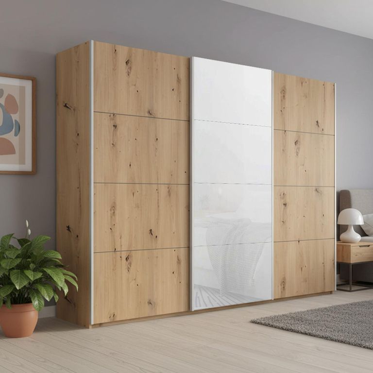 Beluga Extra Sliding Wardrobe - 271cm - 3 Door - Artisan Oak & White Glass Front