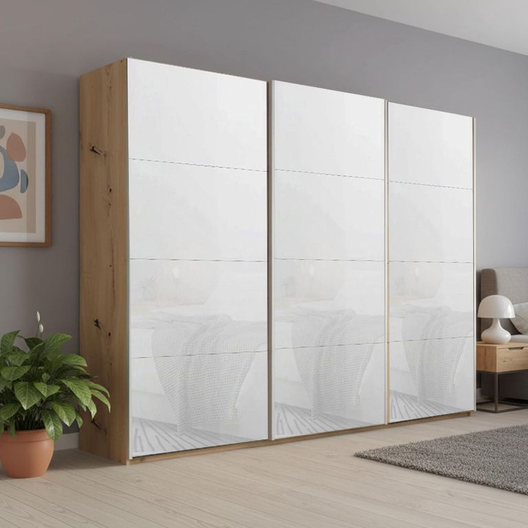 Beluga Extra Sliding Wardrobe - 271cm - 3 Door - Artisan Oak & White Glass