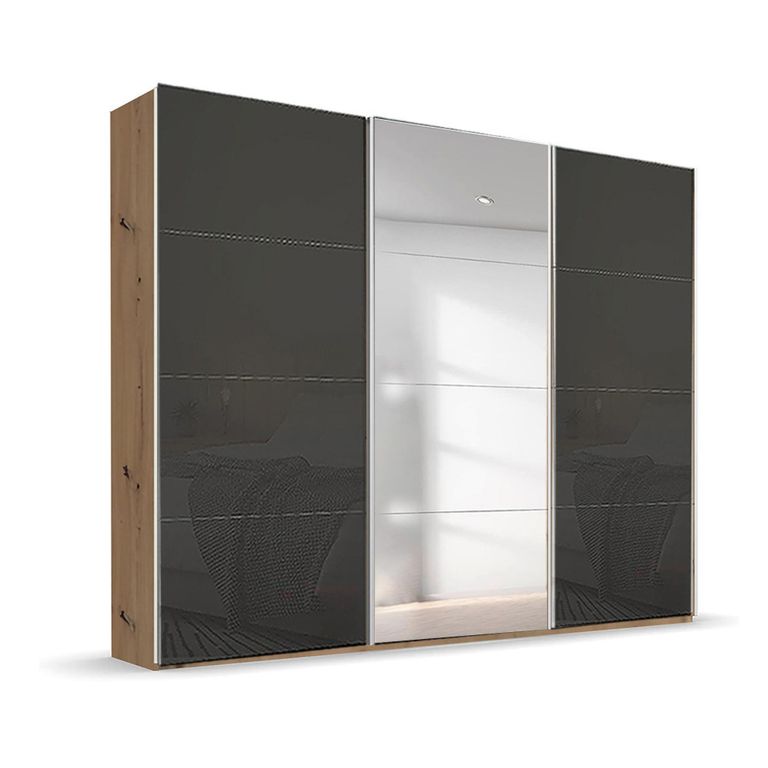 Beluga Extra Sliding Wardrobe - 271cm - 3 Door - Mirror - Artisan Oak & Basalt Glass