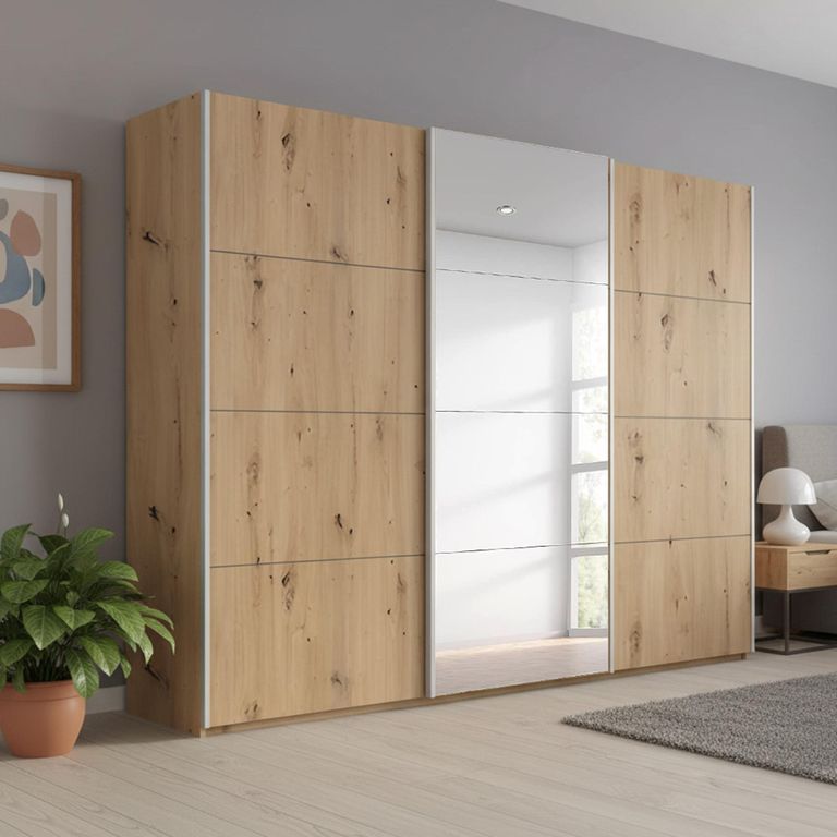 Beluga Extra Sliding Wardrobe - 271cm - 3 Door - Mirror - Artisan Oak