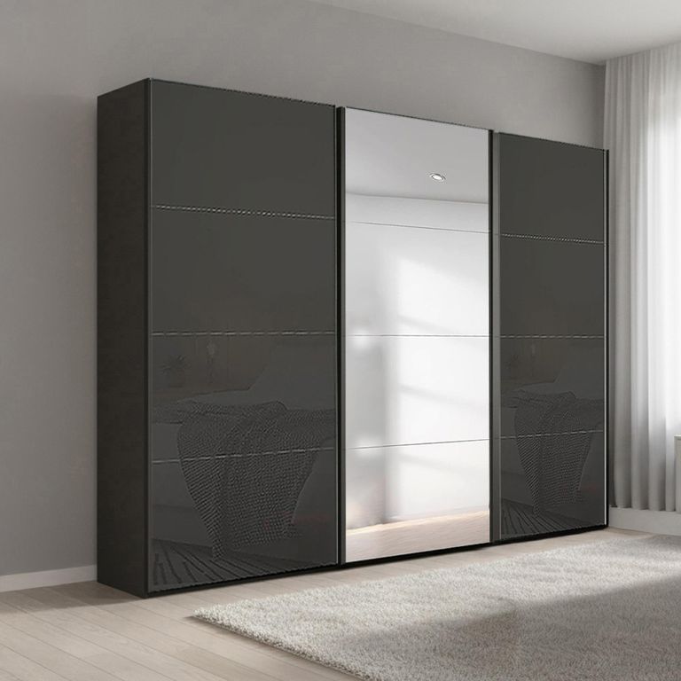 Beluga Extra Sliding Wardrobe - 271cm - 3 Door - Mirror - Graphite & Basalt Glass