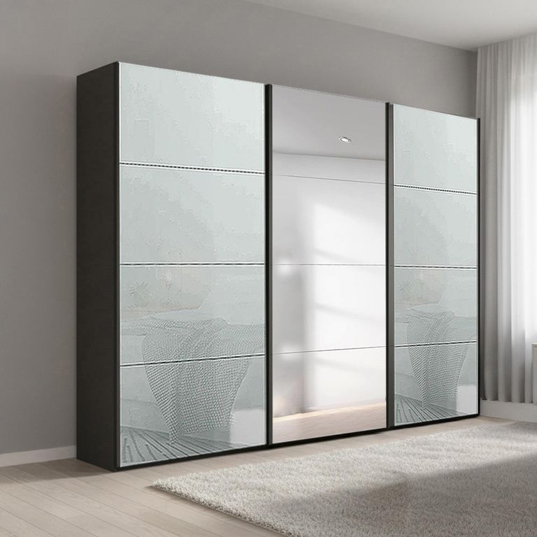 Beluga Extra Sliding Wardrobe - 271cm - 3 Door - Mirror - Graphite & Silk Grey Glass