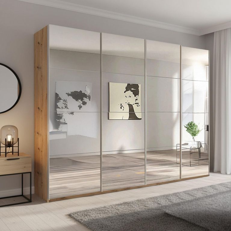 Beluga Extra Sliding Wardrobe - 271cm - 4 Door - Mirrored - Artisan Oak