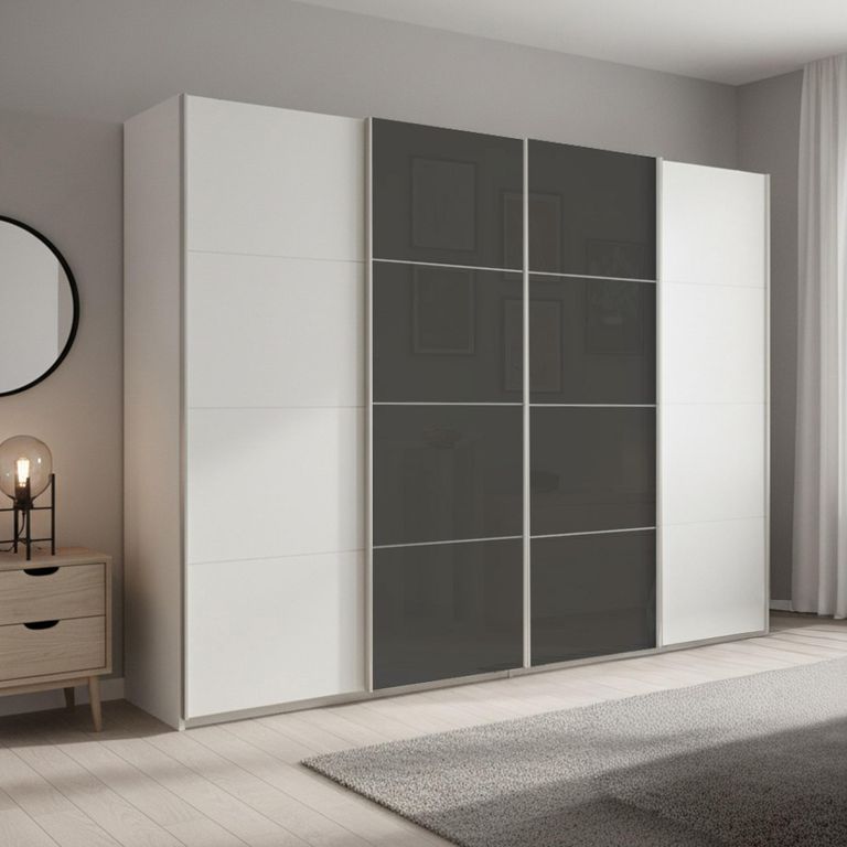 Beluga Extra Sliding Wardrobe - 271cm - 4 Door - Alpine White & Basalt Glass Front