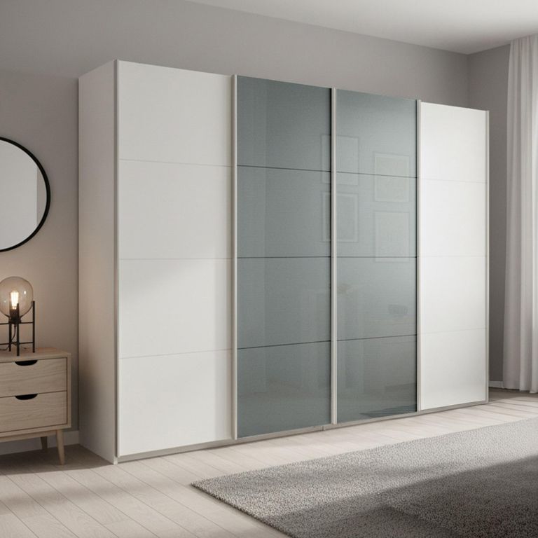 Beluga Extra Sliding Wardrobe - 271cm - 4 Door - Alpine White & Silk Grey Glass Front