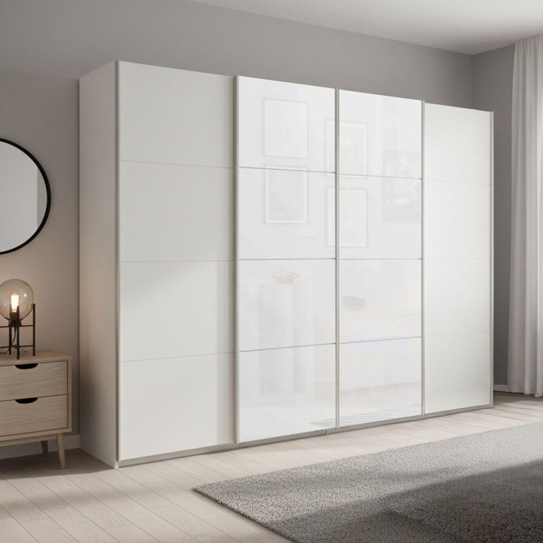 Beluga Extra Sliding Wardrobe - 271cm - 4 Door - Alpine White & White Glass Front