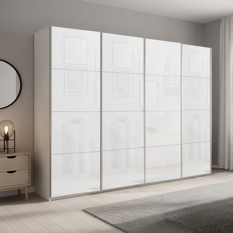 Beluga Extra Sliding Wardrobe - 271cm - 4 Door - Alpine White & White Glass