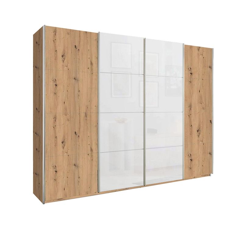 Beluga Extra Sliding Wardrobe - 271cm - 4 Door - Artisan Oak & White Glass Front