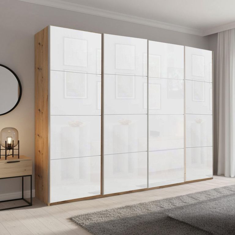Beluga Extra Sliding Wardrobe - 271cm - 4 Door - Artisan Oak & White Glass