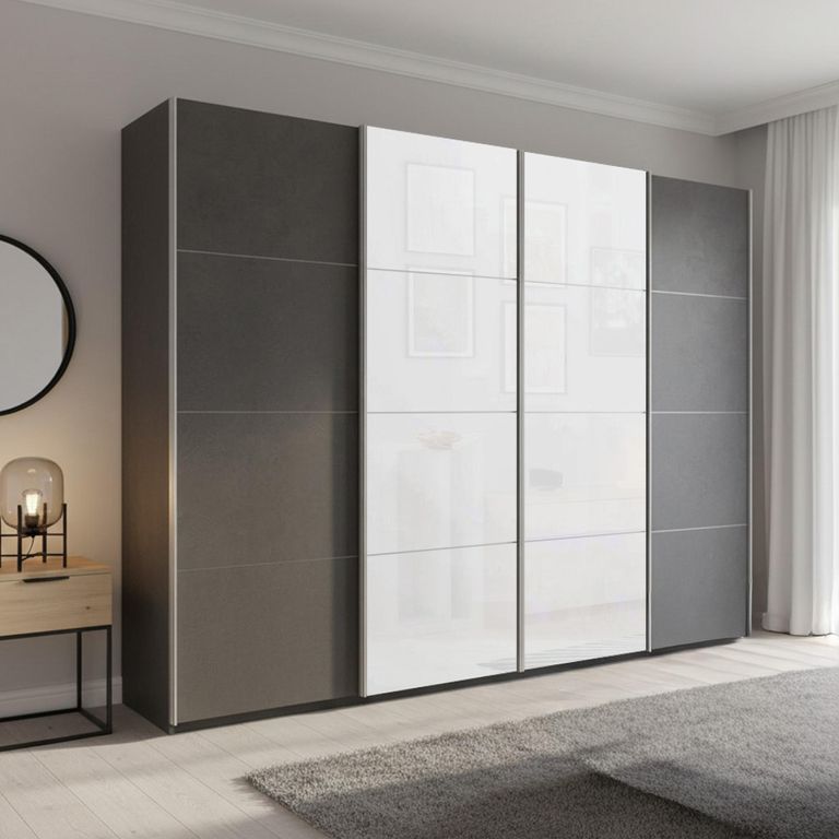 Beluga Extra Sliding Wardrobe - 271cm - 4 Door - Graphite & White Glass Front