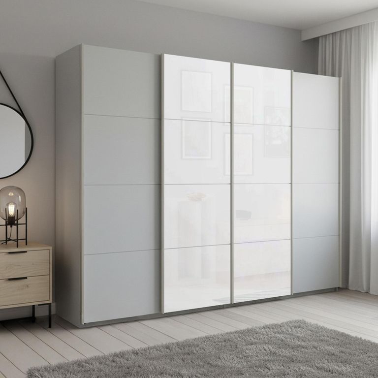 Beluga Extra Sliding Wardrobe - 271cm - 4 Door - Silk Grey & White Glass Front