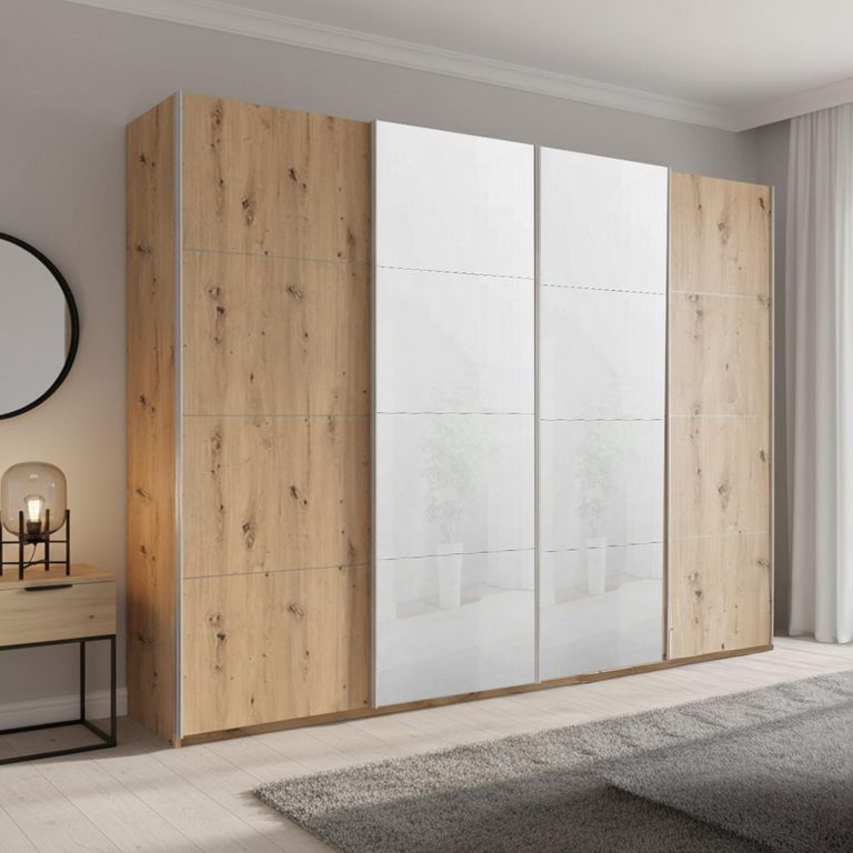 Beluga Extra Sliding Wardrobe - 271cm - 4 Door - White High Gloss & Artisan Oak Front