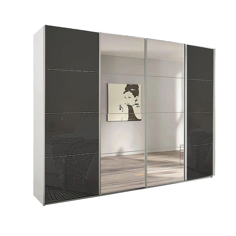 Beluga Extra Sliding Wardrobe - 271cm - 4 Door - Mirror - Alpine White & Basalt Glass